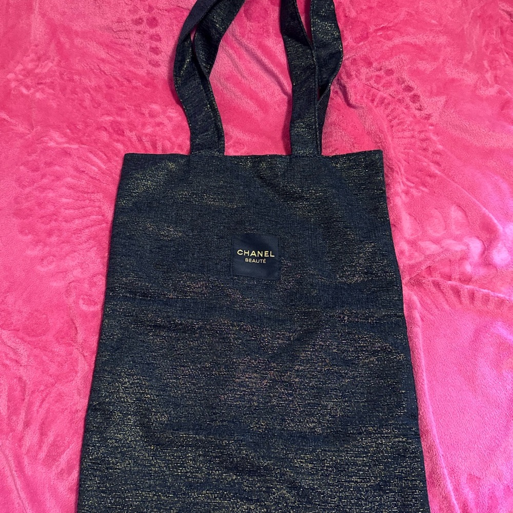 CHANEL Navy Blue Gold Shimmer Tote with Gold Logo